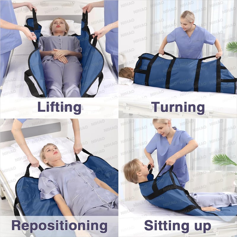 nihao Multipurpose Positioning Bed Pad with Reinforced Handles 48" x 40" Bed Transfer Sheet Patient Lifting Mat for Turning, Repositioning Washable & Reusable Draw Sheet for Hospital & Home, Navy Blue - Image 2